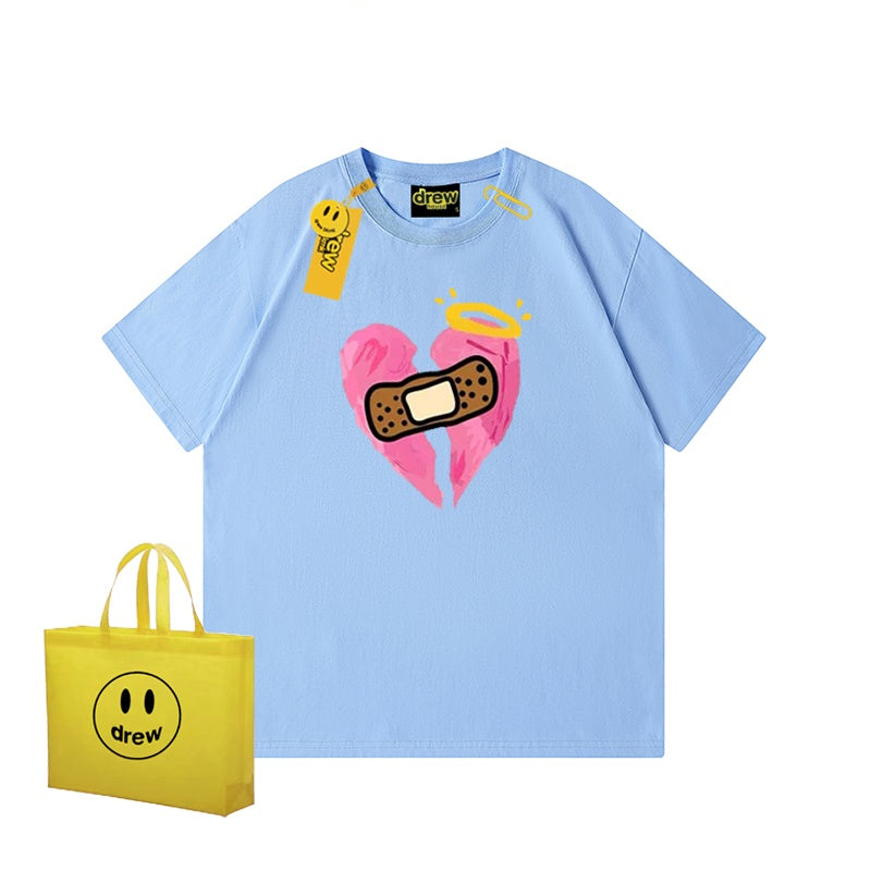 REINAREA Unisex Heart Print Short-Sleeve T-Shirt - Street Trendy Loose-Fit 100% Cotton Couple Top【074】