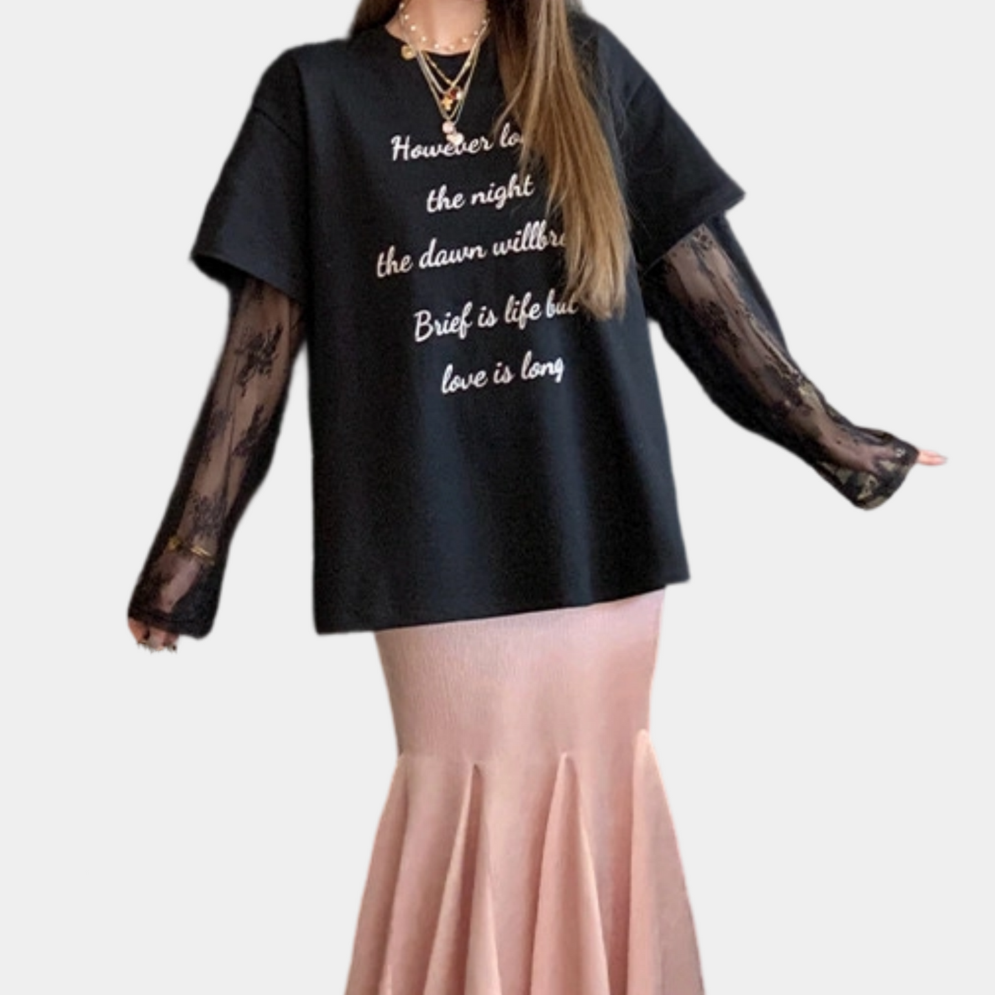 REINAREA New Spring Summer Fake Two-Piece Lace Splicing Long Sleeve T-Shirt