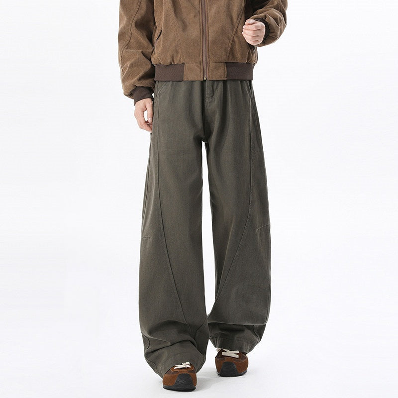 REINAREA Unisex Curved Hem Cargo Pants Retro Loose Casual Track Trousers