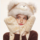 REINAREA  Women's Bear Ear Plush 3-Piece Set Winter Warm Hat Scarf Gloves Combo