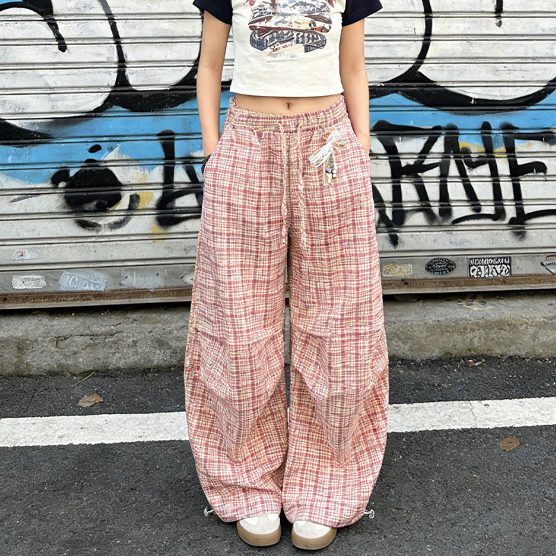 REINAREA New Spring Summer Women's Plaid Curved Pants Pleated Elastic Waist Trousers