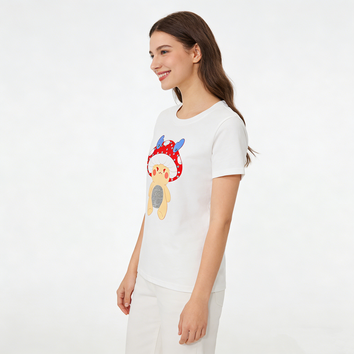 REINAREA Cartoon Mushroom Print Short-Sleeve T-Shirt - Women’s Summer American-Style Regular Fit Cropped Top
