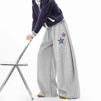 REINAREA Unisex Winter American Star Embroidered Loose Wide Leg Sweatpants
