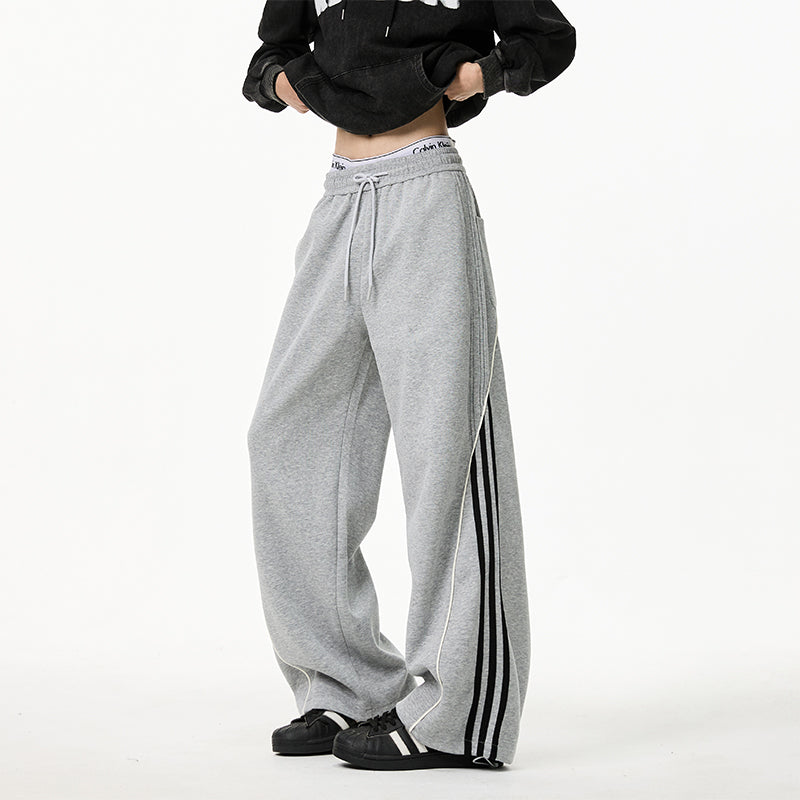 REINAREA Unisex Side-Striped Sweatpants - Loose Paneled Straight-Leg Wide-Leg Athletic Pants