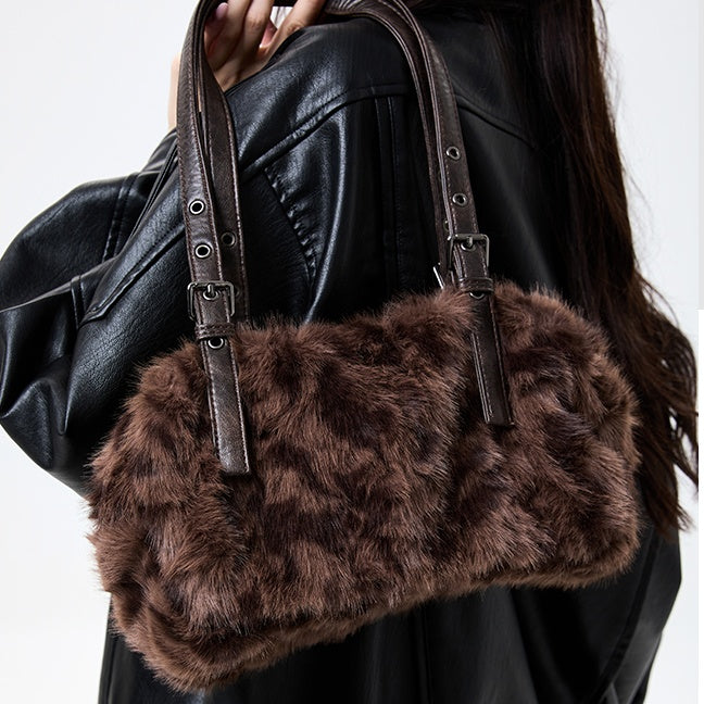 REINAREA Women’s Leopard Print Fuzzy Pillow Bag New Fashion Fluffy Shoulder Underarm Bag