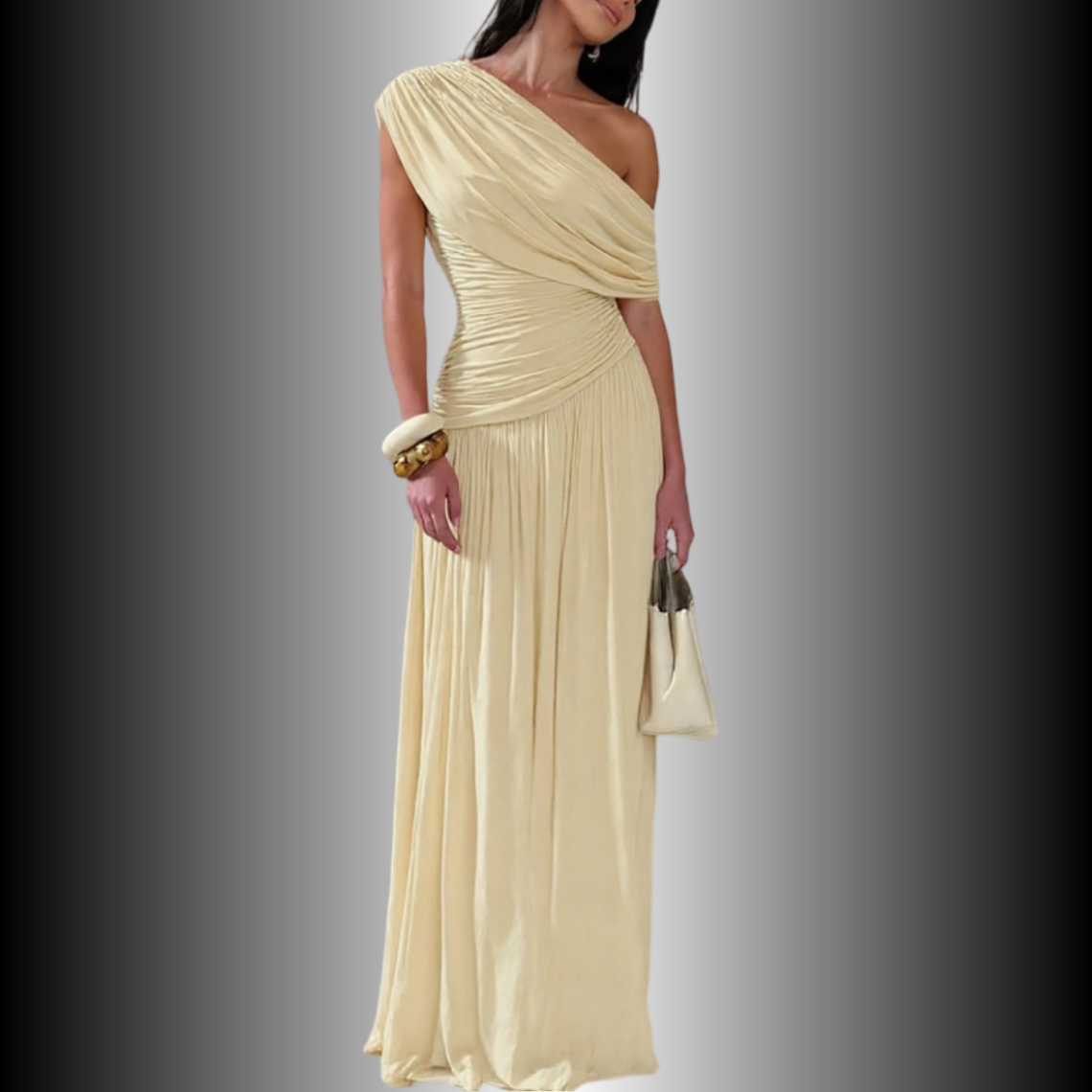 REINAREA New Spring & Summer  Women Asymmetrical Shoulder Ruched Long Dress