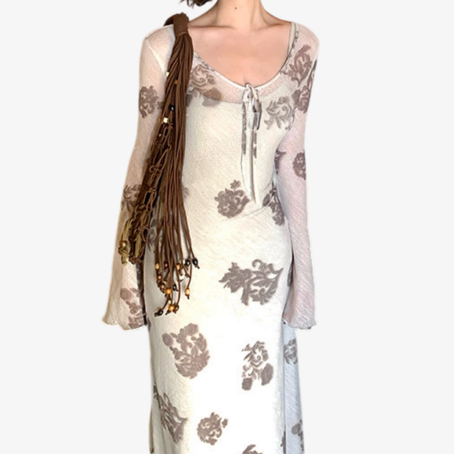 REINAREA New Spring Summer Retro Long Linen Mesh Print 2-Piece Dress