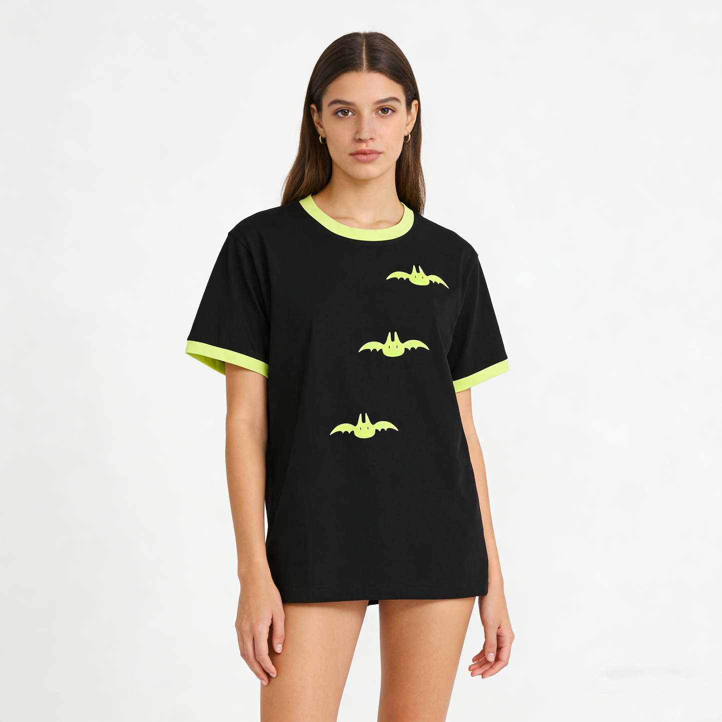 REINAREA Cute Bat Pattern Ringer T-Shirt Black & Neon Green Short Sleeve Crew Neck Tee Unisex