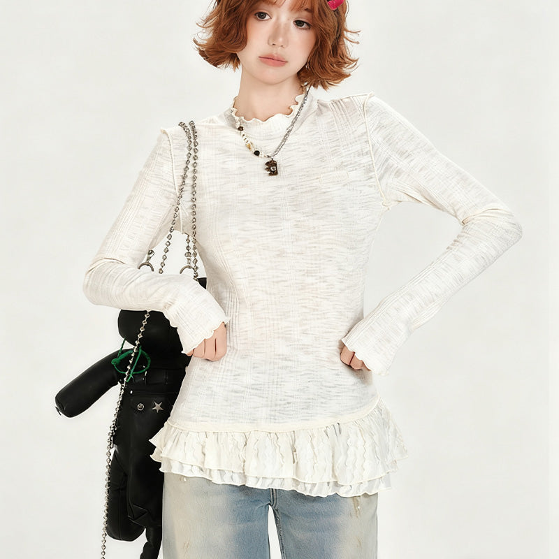 REINAREA Vintage Lace-Paneled Crewneck Long-Sleeve T-Shirt