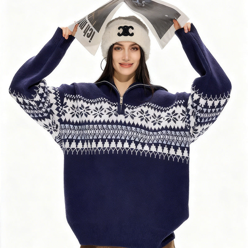 REINAREA Fair Isle Half-Zip Pullover Christmas Knit Sweater【011】