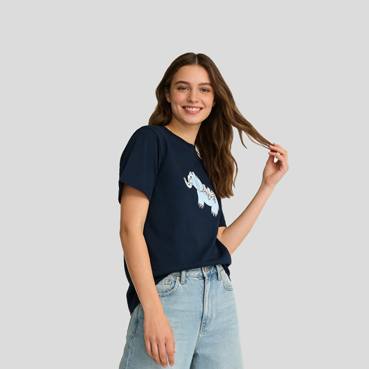 REINAREA Navy Blue Regular Fit Short-Sleeve T-Shirt for Women College Style Casual Top