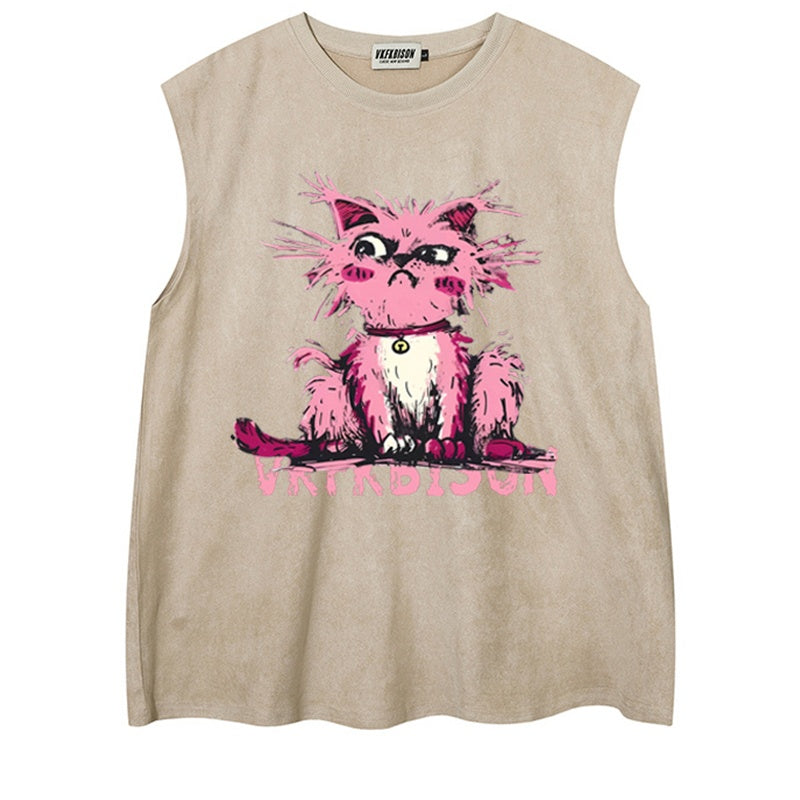 REINAREA Hand-Painted Cat Print Suede Sleeveless T-Shirt - Unisex Athletic Tank Top【076】