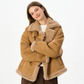 REINAREA Women's Fur Integrated Shearling Jacket Winter Suede Biker Short Stand Collar Coat