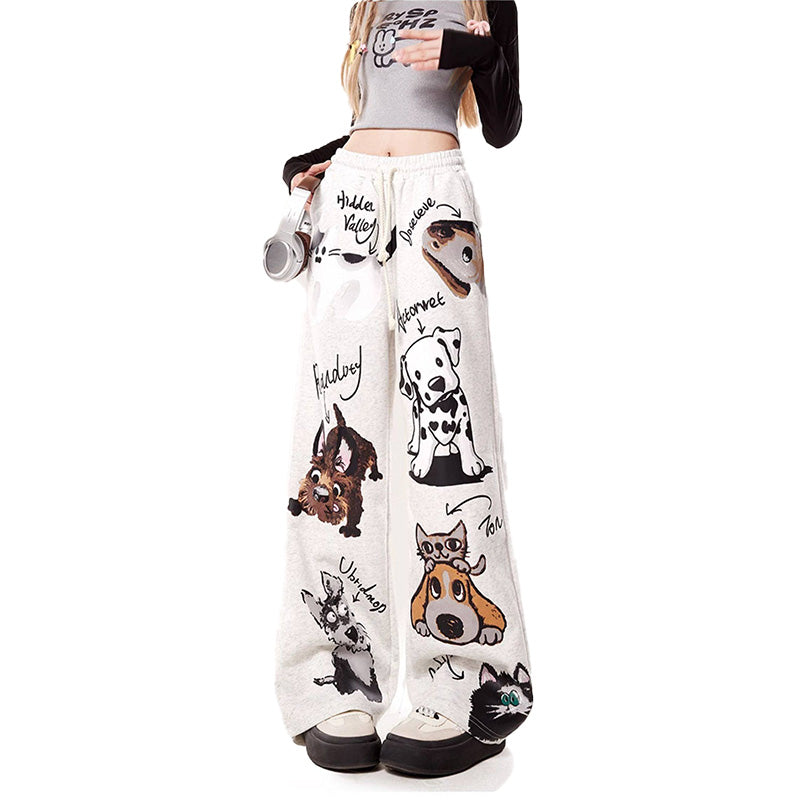 REINAREA New Spring Summer Women's Cartoon Print Pants Loose Straight Wide-Leg Casual Sports Trousers