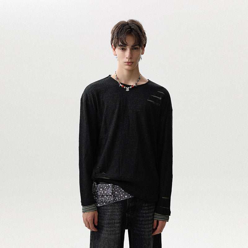 REINAREA Unisex Distressed Striped Layered-Look Long-Sleeve T-Shirt Casual Top