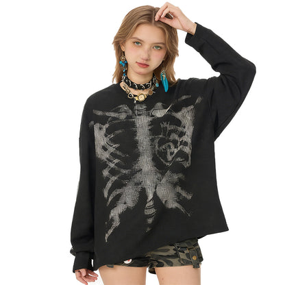 REINAREA Gothic Skull Print Long-Sleeve T-Shirt Unisex Loose-Fit Casual Top【075】