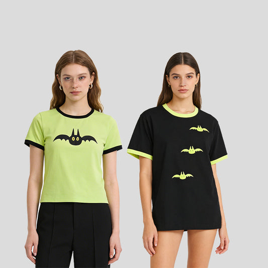 REINAREA Cute Bat Pattern Ringer T-Shirt Black & Neon Green Short Sleeve Crew Neck Tee Unisex