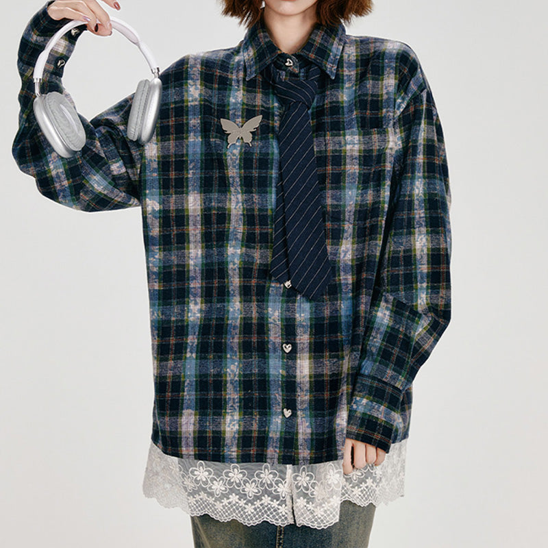 REINAREA Women’s American Retro Plaid Long-Sleeve Shirt  Loose Fit with Lace Trim Patchwork Blouse【069】