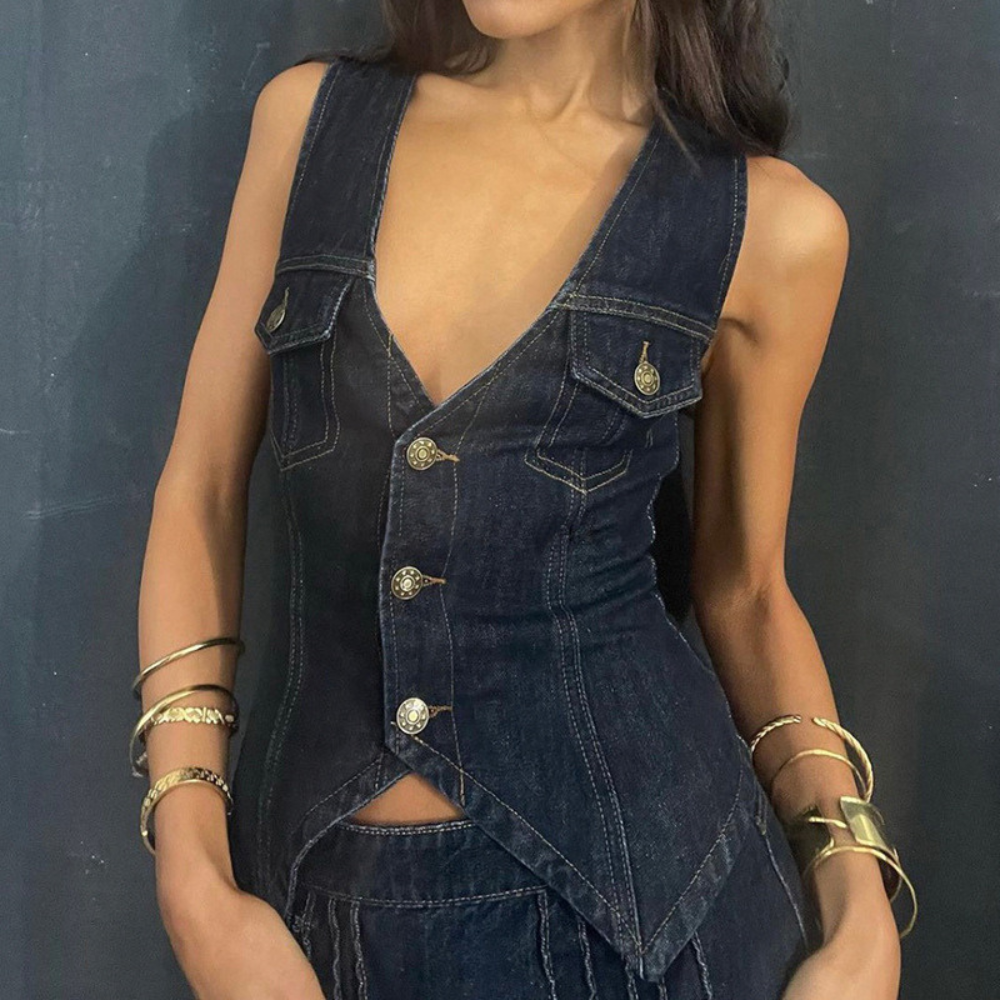 Fashion Single-Breasted V-Neck Denim Vest