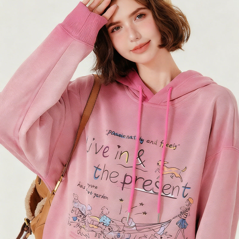 REINAREA Women’s American Retro Hooded Sweatshirt - Printed, Washed Vintage Loose Top