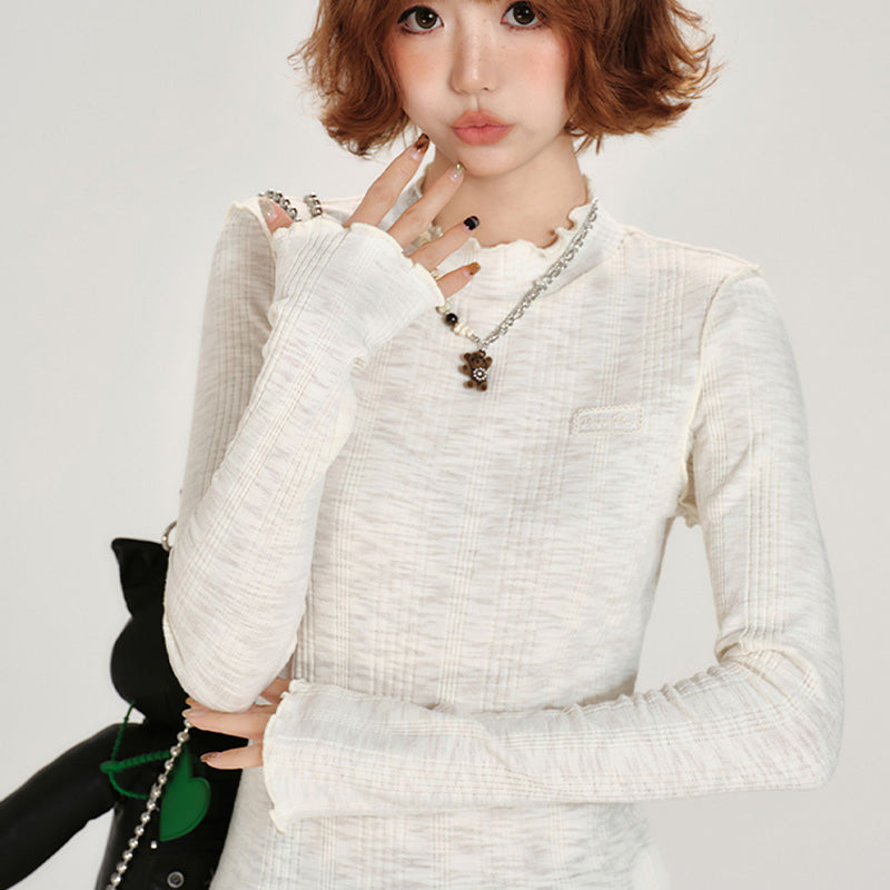 REINAREA Vintage Lace-Paneled Crewneck Long-Sleeve T-Shirt