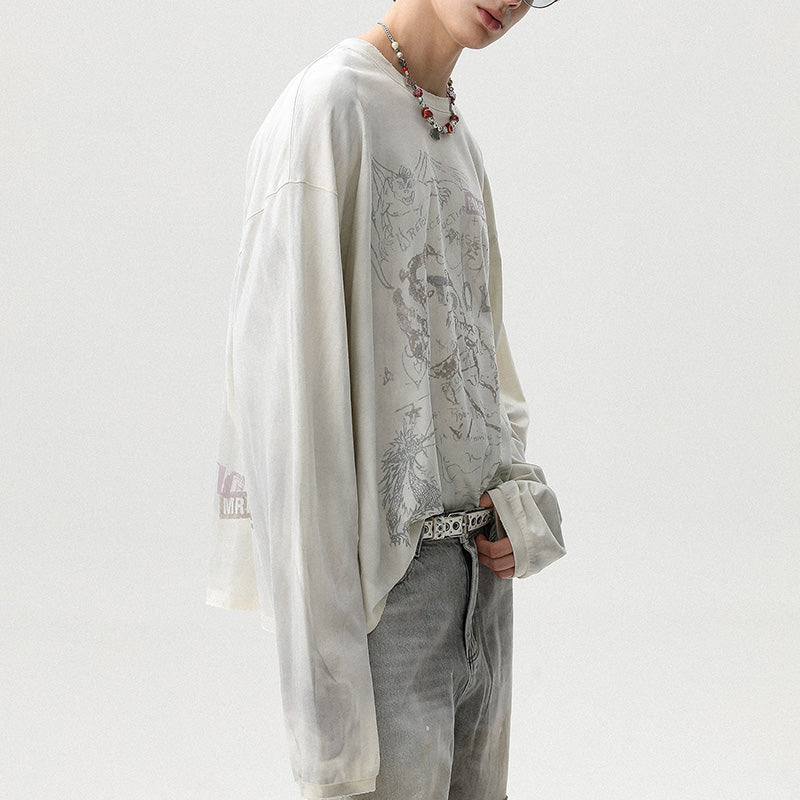 REINAREA Unisex American Retro Washed Cotton Long-Sleeve T-Shirt Loose-Fit Top