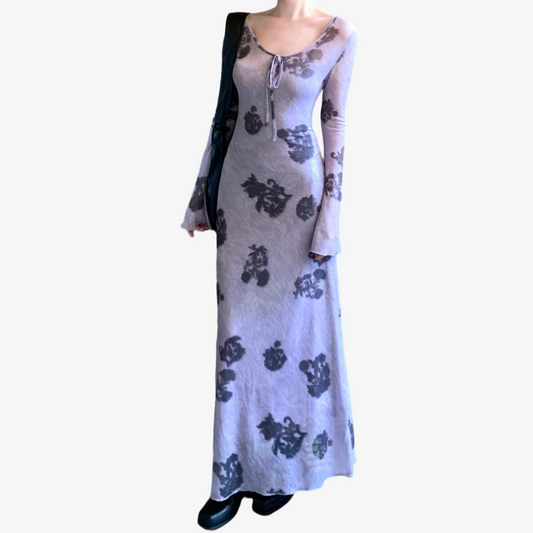 REINAREA New Spring Summer Retro Long Linen Mesh Print 2-Piece Dress