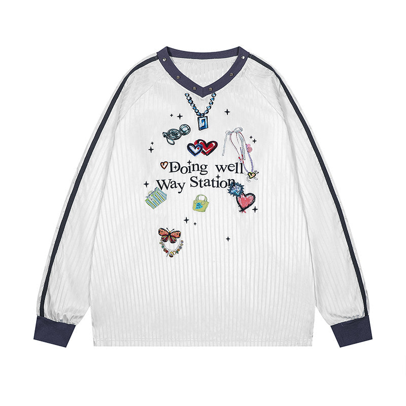 REINAREA New Spring Summer V-neck Printed T-Shirt Women American Style Long Sleeve Top