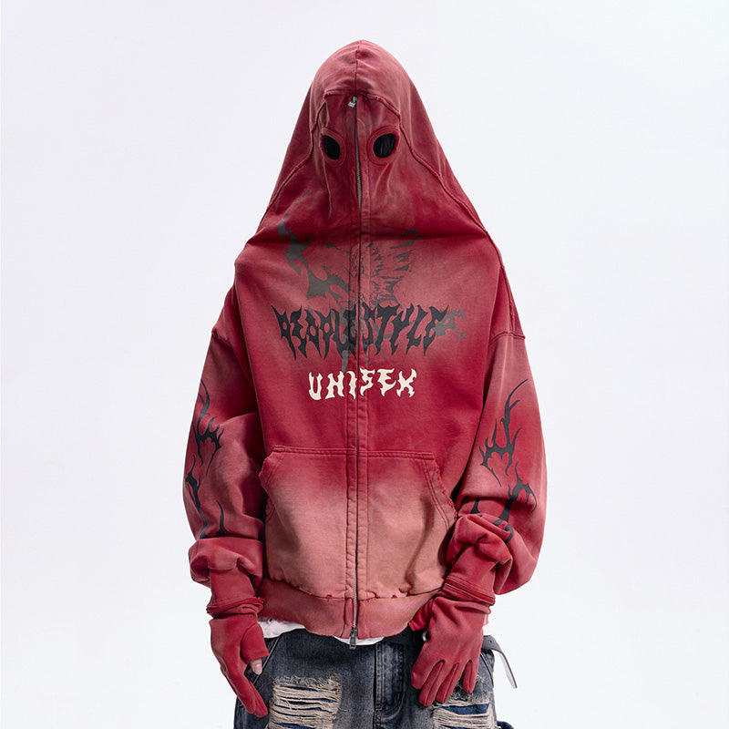 REINAREA Dirt-stained face mask, detachable gloves, hooded sweatshirt Unisex jacket(black,red)