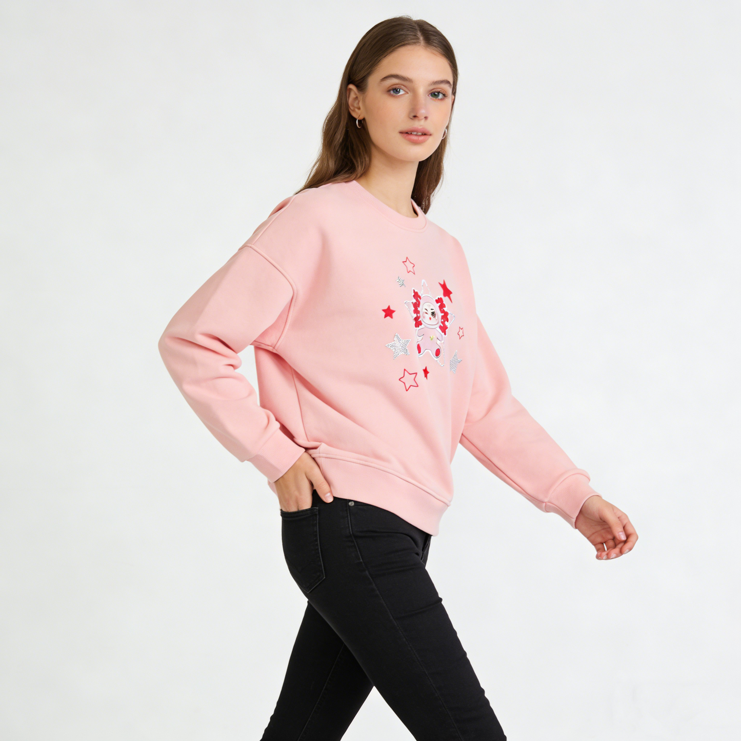 REINAREA Cute Cartoon Character Print Polo Sweatshirt Long-Sleeve Casual Pullover Top Hoodies