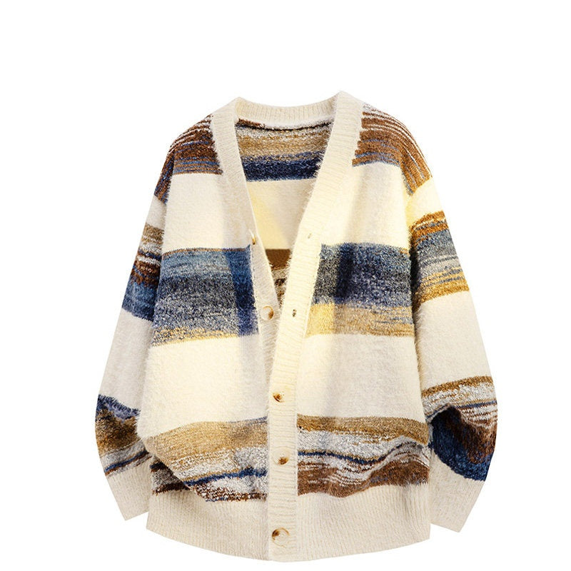 REINAREA Loose Striped Knitted Cardigan Women Casual Knit Sweater