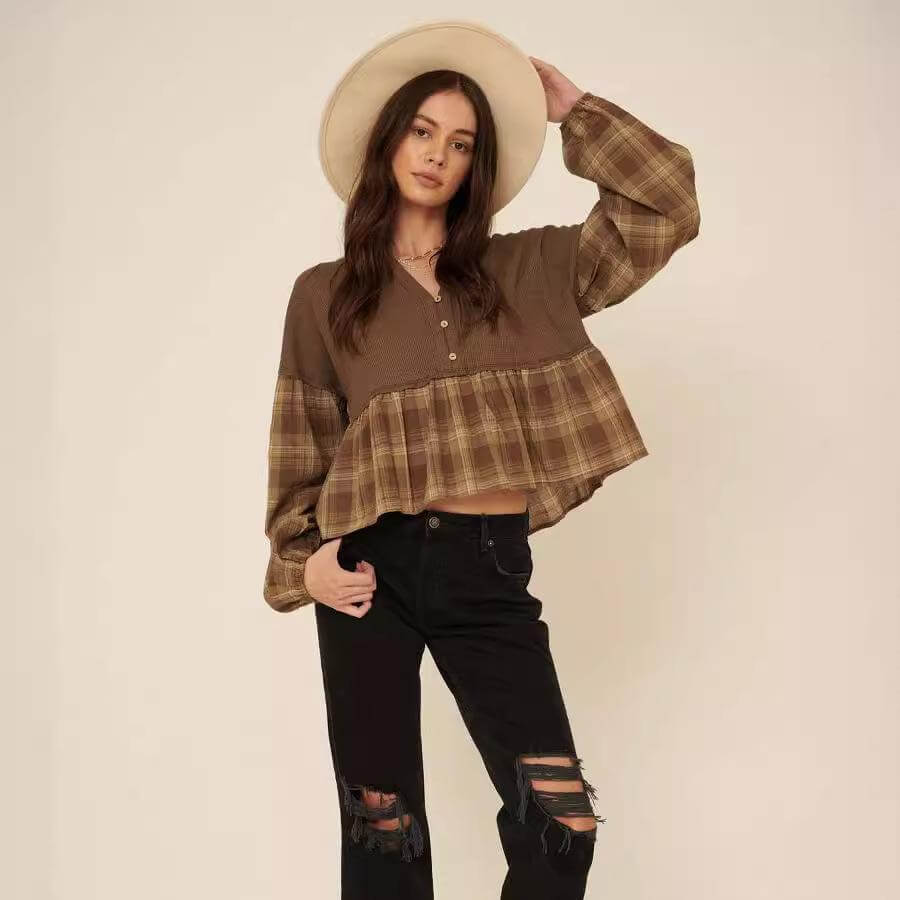 New Colorblocked Knit Plaid Long Sleeve Shirt