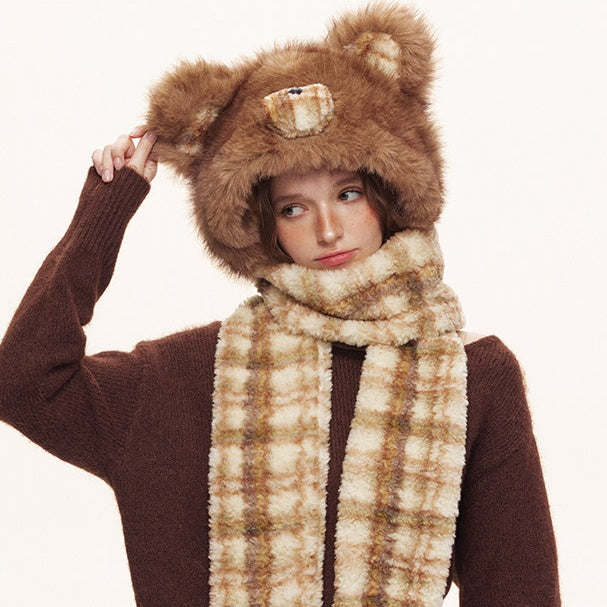 REINAREA  Women's Bear Ear Plush 3-Piece Set Winter Warm Hat Scarf Gloves Combo
