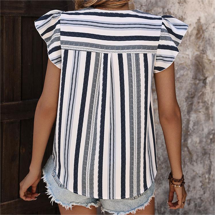 Colorblocked Striped Ruffle Sleeve Blouse