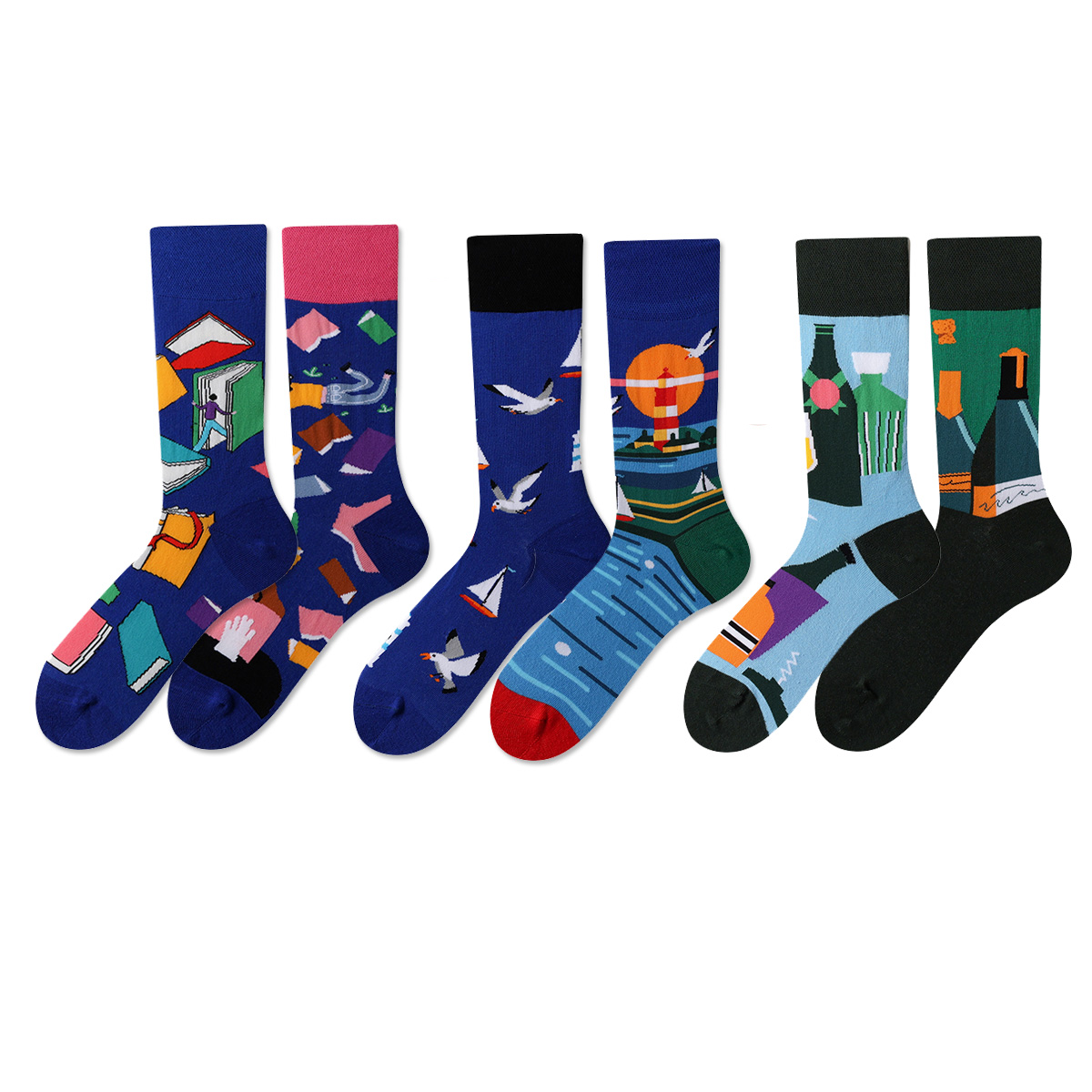 REINAREA Unisex AB Asymmetrical Mismatched Socks - Personalized Cartoon Design Mid-Calf Socks【065】
