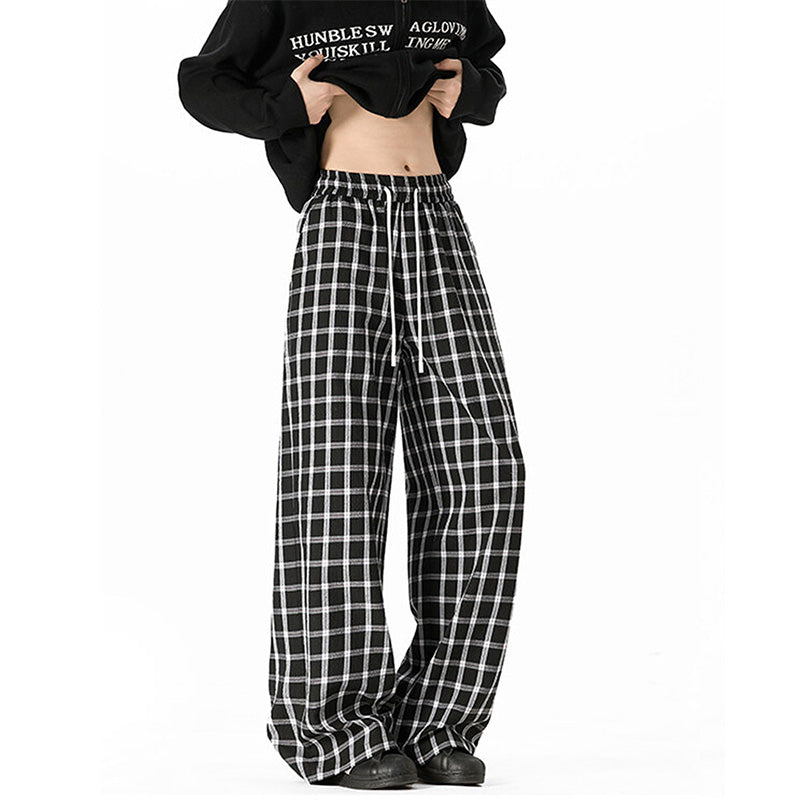 REINAREA Unisex American Retro Blue Plaid Pants Loose Straight-Leg Casual Trousers