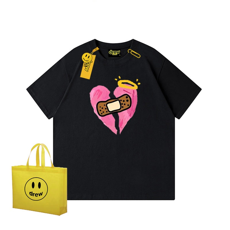 REINAREA Unisex Heart Print Short-Sleeve T-Shirt - Street Trendy Loose-Fit 100% Cotton Couple Top【074】
