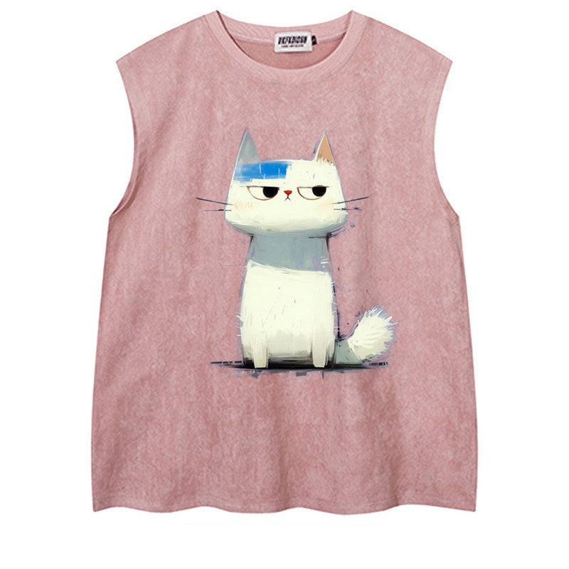 REINAREA Hand-Painted Cat Print Suede Sleeveless T-Shirt - Unisex Athletic Tank Top【076】