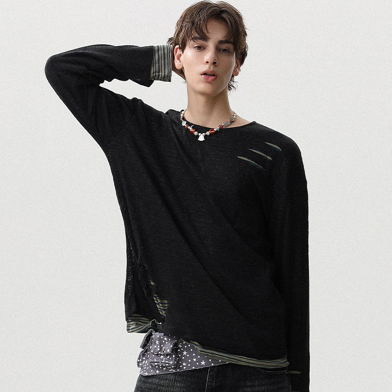 REINAREA Unisex Distressed Striped Layered-Look Long-Sleeve T-Shirt Casual Top