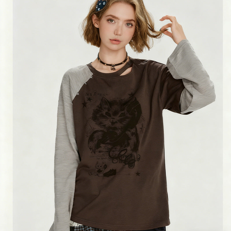 REINAREA American Retro Layered-Look Printed Long-Sleeve T-Shirt - Stylish Loose Top