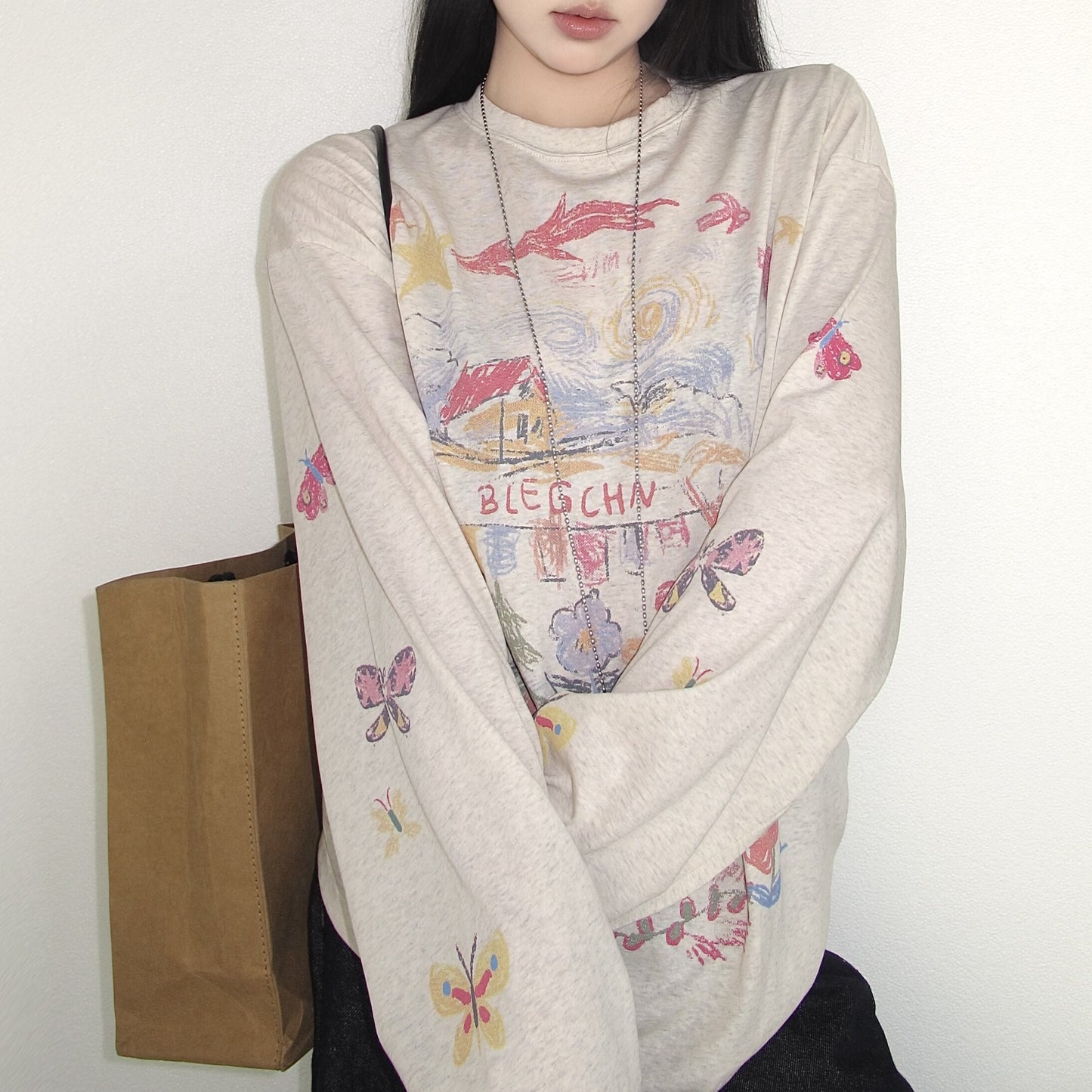 REINAREA New Spring Summer Fun Graffiti Print T-Shirt - Long Sleeve Casual Top