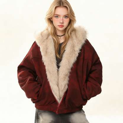 REINAREA Women's Bear Ear Suede Coat Faux Fur Collar Warm Cotton Jacket