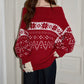 REINAREA Christmas Fair Isle Off-the-Shoulder Red Sweater Women’s Loose New Year Knit Top【082】
