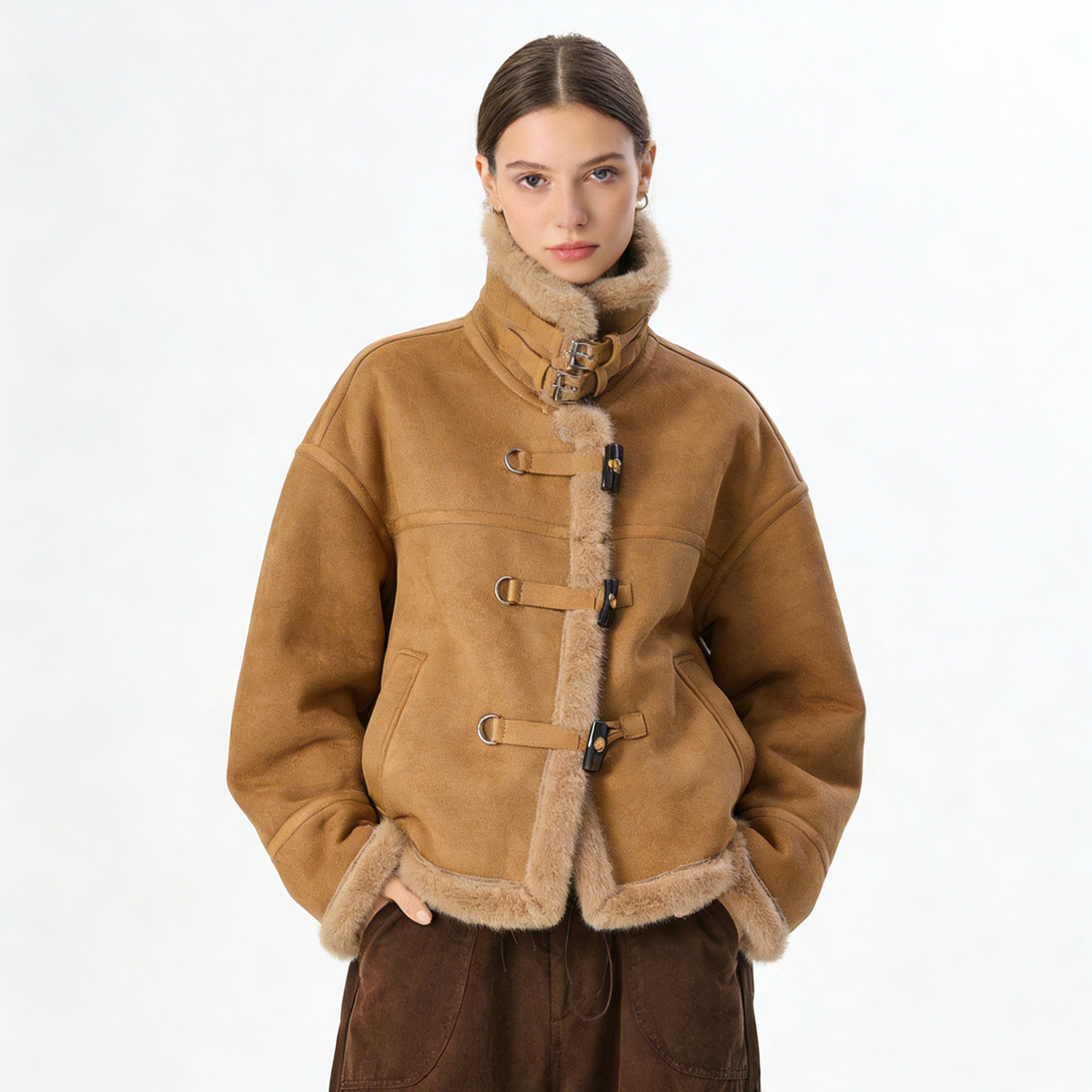 REINAREA Women's Fur Integrated Shearling Jacket Winter Suede Biker Short Stand Collar Coat