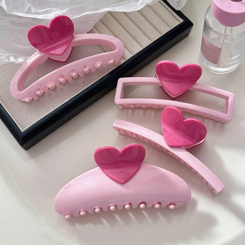 REINAREA Pink Heart Claw Clip for Women Strong Hold Jaw Clip for Back-of-Head Bun Styling【102】