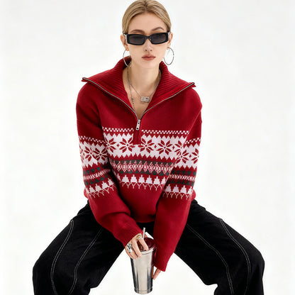 REINAREA Fair Isle Half-Zip Pullover Christmas Knit Sweater【011】
