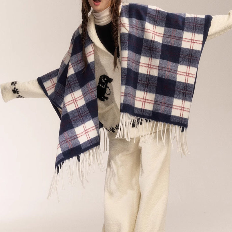 REINAREA Vintage Plaid Fringed Shawl Scarf (Brown & Gray-Blue)