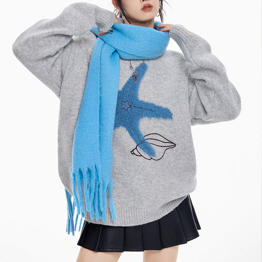 Starfish-Embroidered Crewneck Knit Pullover
