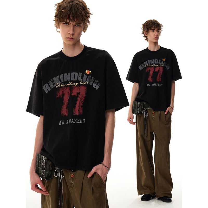 REINAREA Unisex American Retro Summer Couple’s Athletic Short-Sleeve T-Shirts Cotton Half-Sleeve Tops