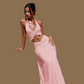 REINAREA Women Vacation Style Knot Halter Tie Top & V‑Shape Long Skirt 2 Piece Set